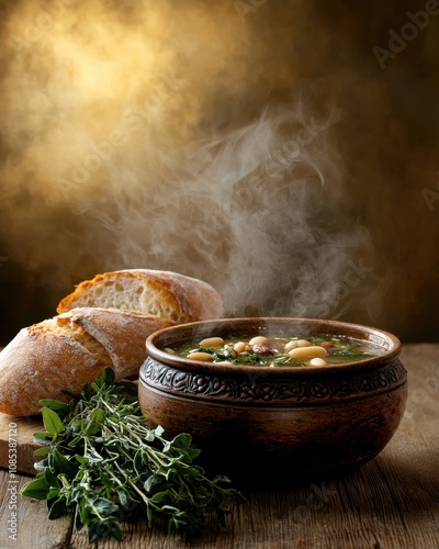 Steaming Bowl of Hearty Soup With Rustic Bread on a Wooden Table Warm With Inviting Aromas