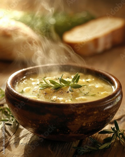 A Steaming Bowl of Homemade Soup on a Rustic Wooden Table With Fresh Herbs and Bread