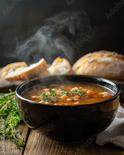 Steaming Bowl of Hearty Vegetable Soup With Fresh Herbs on Rustic Wooden Table