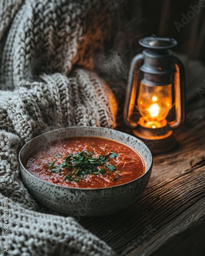 Warm Tomato Soup With Herbs Beside a Glowing Lantern on a Cozy Evening