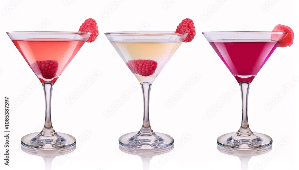 A visually striking martini made with a combination of gin vermouth and third layer using a fruit raspberry on isolated white background A visually striking martini made with a combination of gin vermouth and third layer using a fruit raspberry on isolated white background