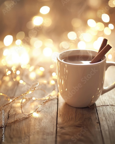 Steaming Mug of Hot Cider With Cinnamon Sticks Surrounded by Twinkling Lights in a Cozy Setting