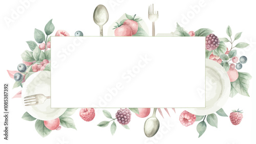 Watercolor frame with cutlery, spoon, fork and berries