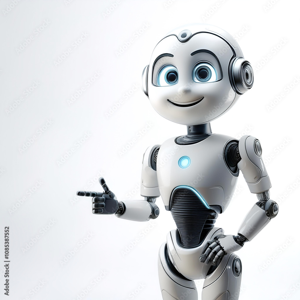 Cute AI robot pointing copy space beside her with smile and happy feeling on white