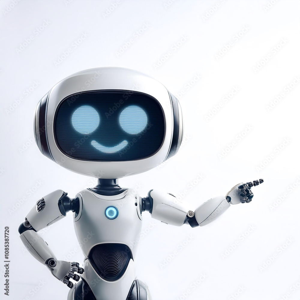 Cute AI robot pointing copy space beside her with smile and happy feeling on white