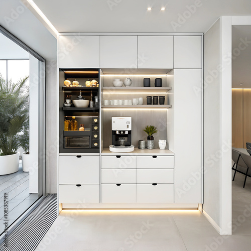 A modern open-concept coffee nook featuring a built-in espresso machine, minimalist white cabinets, and soft ambient lighting. The sleek design blends style and functionality in a contemporary space.