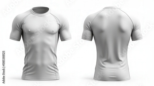 Professional rashguard mockup with realistic stitching and fabric texture. Displayed in front and back views, isolated on a white background.