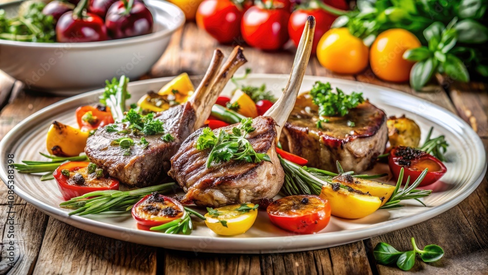 Grilled Lamb Chops with Fresh Herbs and Roasted Vegetables - Perfect for Culinary Blogs and Food Magazines