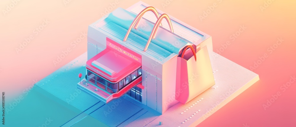 Shopping Spree: A vibrant isometric illustration of a retail storefront emerging from a giant shopping bag. The bright colors and playful design evoke a sense of fun and excitement. Shopping Spree: A vibrant isometric illustration of a retail storefront emerging from a giant shopping bag. The bright colors and playful design evoke a sense of fun and excitement.