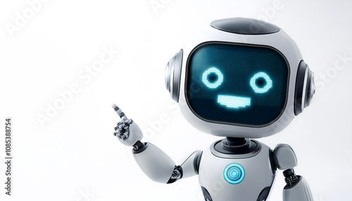 Cute AI robot pointing copy space beside her with smile and happy feeling on white