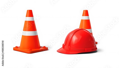 Traffic Cones and Hardhat with Road Sign Isolated on White Background
