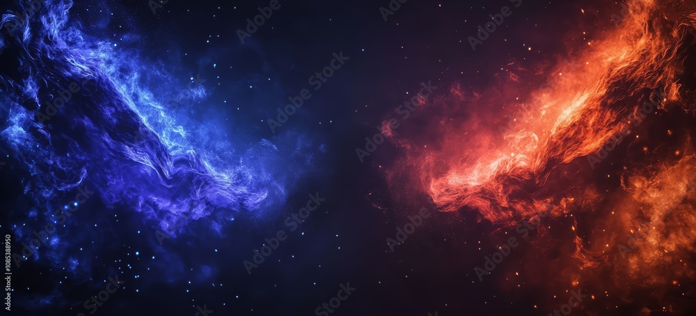 Obraz premium Cosmic Clash: A mesmerizing abstract background of fiery red and icy blue flames clashing in the vastness of space, creating a breathtaking display of power and energy. 