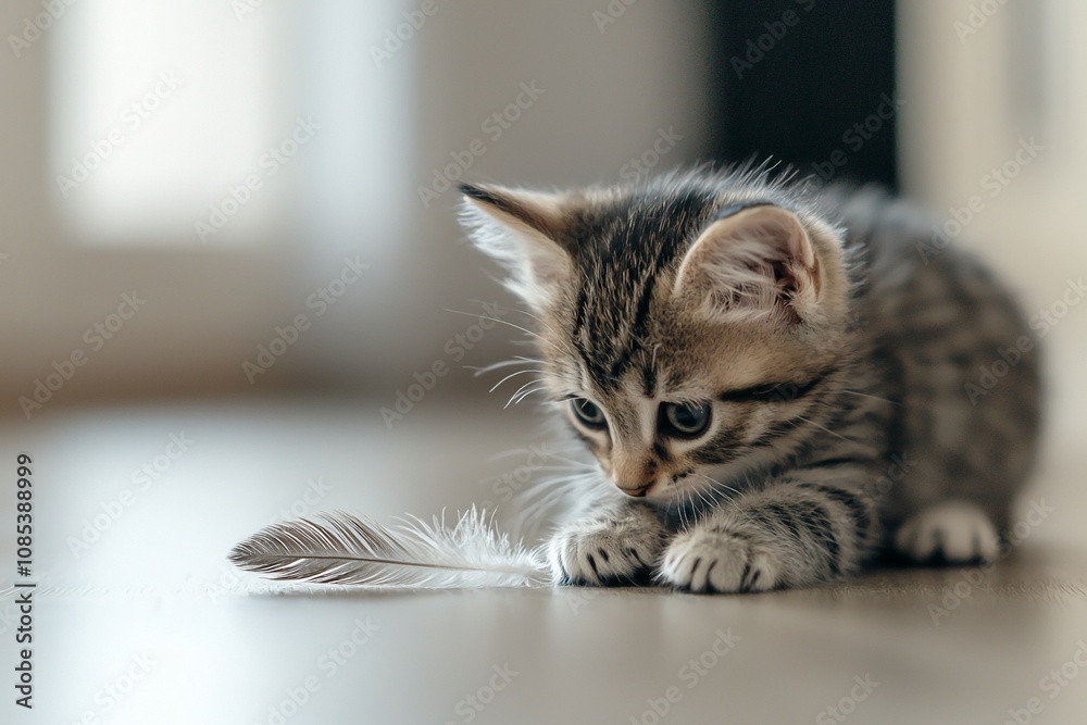 Naklejka premium Playful Kitten Exploring a Feather on the Floor