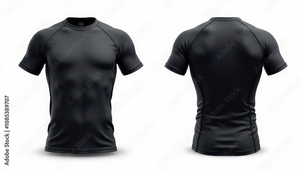 Front and back view of a detailed rashguard mockup. Perfect for showcasing realistic texture, smooth material, and stitching details.