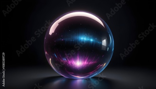 holographic ball in building on black background. 3D rendering of glossy white ball in holographic