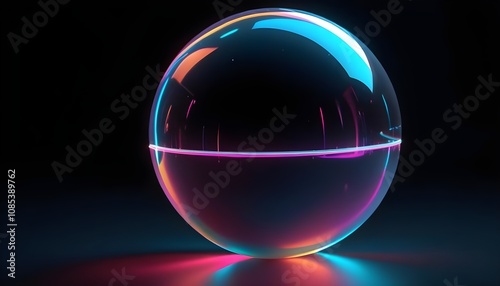 holographic ball in building on black background. 3D rendering of glossy white ball in holographic