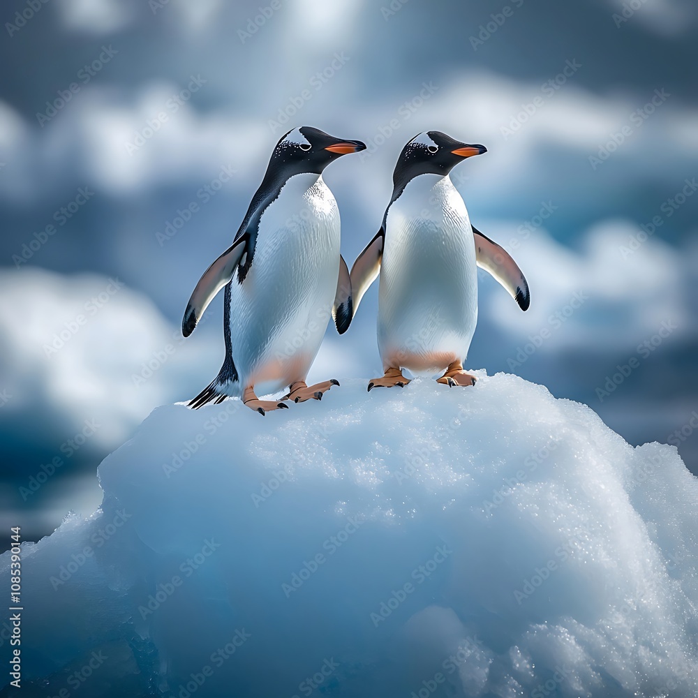 Fototapeta premium Group of Penguins Antarctic Iceberg Majestic Frozen Ocean Scene Photo