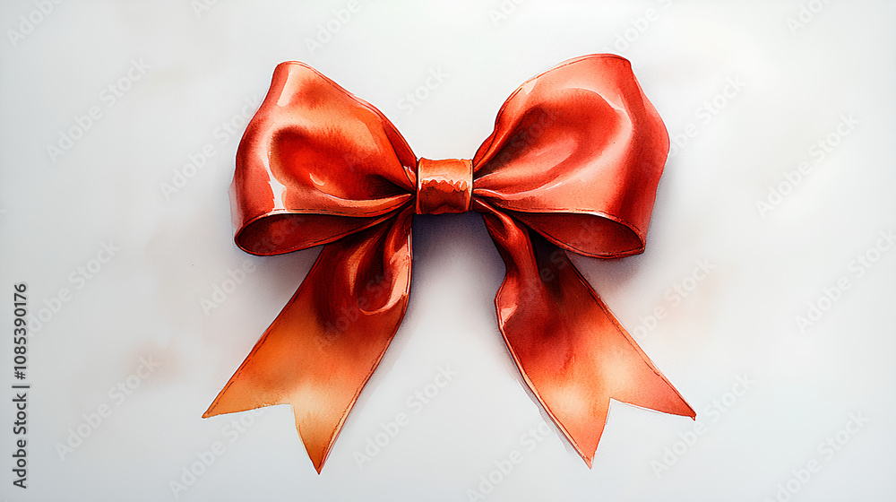 Fototapeta premium A detailed watercolor rendering of a rich red bow with glittering gold trim, tied beautifully, on a white surface