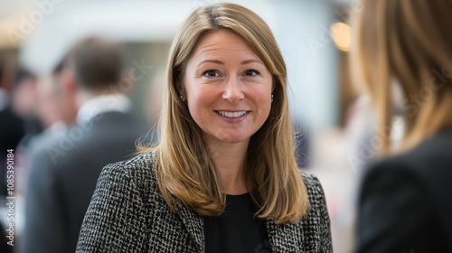 Professional woman in business attire smiling confidently at a networking event, showcasing a friendly demeanor and engagement in a corporate setting.