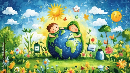 Fototapeta Naklejka Na Ścianę i Meble -  World Environment Day background with boy and girl on the planet in the meadow.