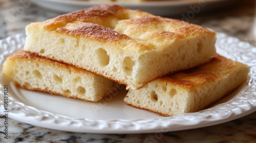 Golden-Brown Delight: Three slices of focaccia bread, stacked on a white plate, showcase their airy texture and golden-brown crust. A culinary delight captured in detail.