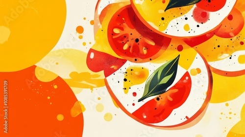 Fototapeta Naklejka Na Ścianę i Meble -  Tomato Bliss: A vibrant, stylized illustration of juicy tomato slices, drizzled with olive oil and sprinkled with black pepper, set against a backdrop of warm, abstract shapes.