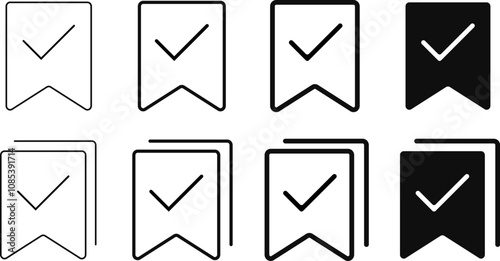 Bookmark with checkmark icon set. Bookmark Confirm Icon. study book favorite page mark symbol.

