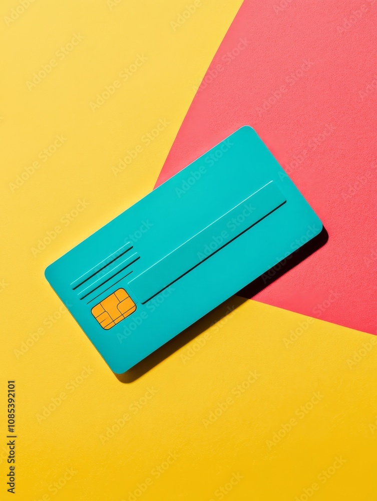 Blue Credit Card on Vibrant Background: A blue credit card rests diagonally on a contrasting backdrop of yellow and pink, creating a minimalist yet eye-catching visual. Blue Credit Card on Vibrant Background: A blue credit card rests diagonally on a contrasting backdrop of yellow and pink, creating a minimalist yet eye-catching visual.