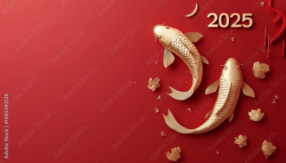 Obraz premium New year chinese style. luxury gold koi carp fish on red chinese background with copy space
