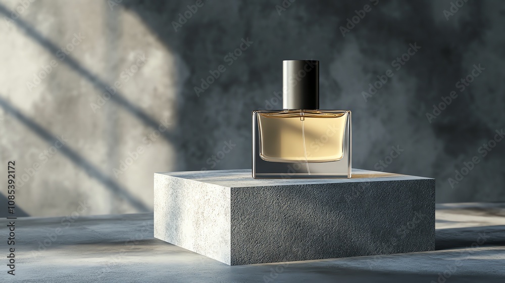 A bottle of perfume sits on a concrete platform in front of a textured wall. A bottle of perfume sits on a concrete platform in front of a textured wall.