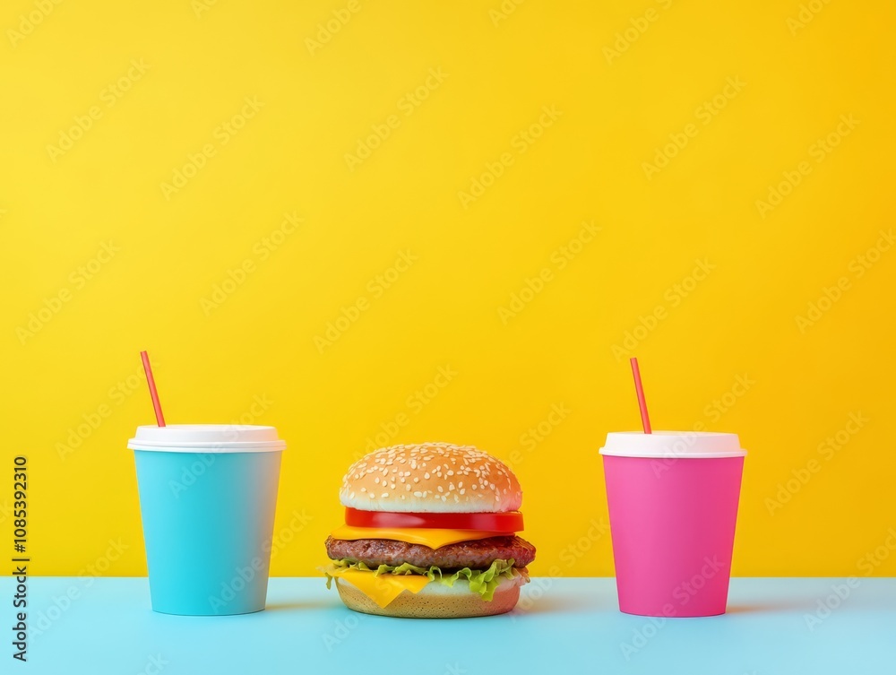 Burger and Drinks on Blue: A classic cheeseburger sits between two colorful cups with straws, ready to satisfy your cravings. The vibrant yellow background adds a pop of energy. Burger and Drinks on Blue: A classic cheeseburger sits between two colorful cups with straws, ready to satisfy your cravings. The vibrant yellow background adds a pop of energy.