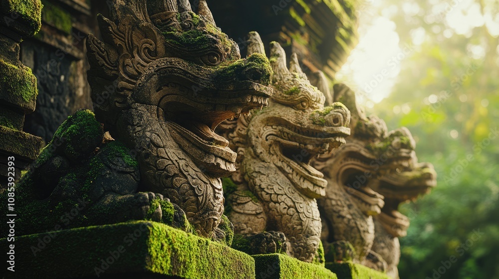 Fototapeta premium Ancient Stone Gargoyle Statues Covered in Moss