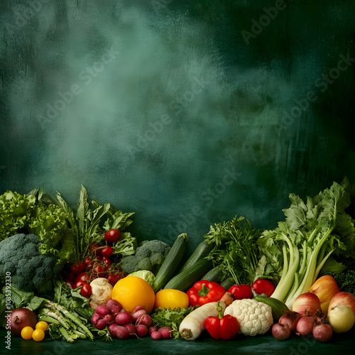 A vibrant display of fresh vegetables arranged against a dark green background, showcasing a variety of colors and textures.