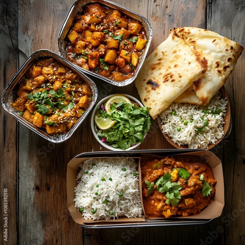 A vibrant spread of Indian cuisine featuring two curries, naan bread, rice, and fresh garnishes served in takeaway containers.
