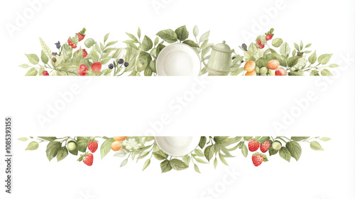 Frame with berries and leaves isolated on white background. Vector illustration.