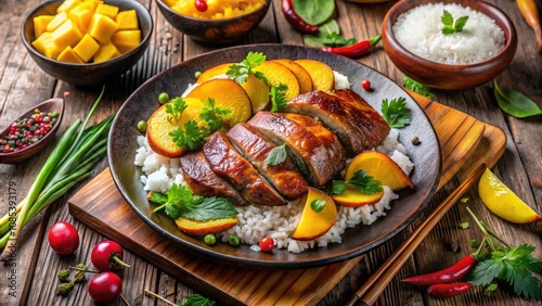 Wallpaper Mural Panoramic View of Roasted Duck with Mango and Rice on a Rustic Table, Perfect for Food Lovers and Culinary Enthusiasts, Showcasing Vibrant Colors and Elegant Presentation Torontodigital.ca