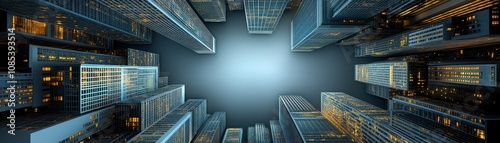 Investing mistake fail business and volatility Concept, A dramatic of financial skyscrapers tilting, showcasing modern architecture ideal for commercial use and visualization.