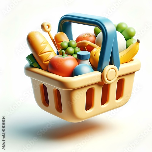 3D Render of a Floating Cartoon Shopping Basket with Groceries photo