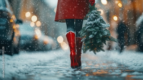 Fototapeta Naklejka Na Ścianę i Meble -  A striking figure in red high-heeled boots carries a small snow-dusted Christmas tree along a snowy street, embodying festive chic and winter charm