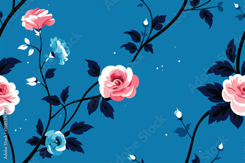 Create a sophisticated vector illustration of an elegant floral pattern featuring predominantly pink and white peonies.  Include detailed petals and leaves.