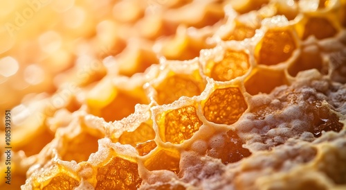 A close-up of golden honeycomb, each cell filled with amber colored nectar and the cells illuminated by warm sunlight. creating an intricate pattern that represents the beauty and complexity of nature