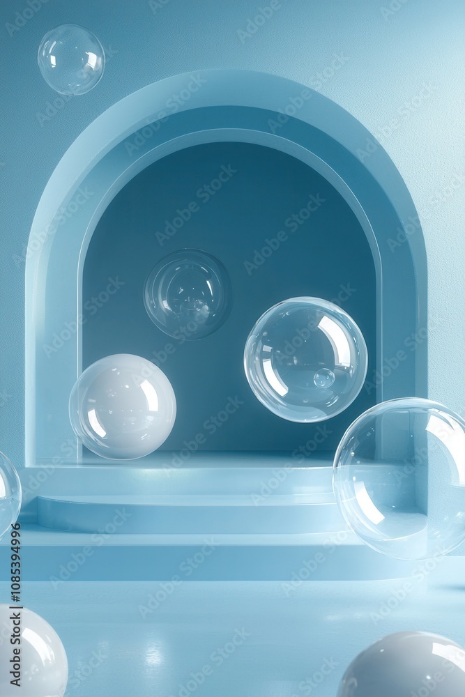 Minimalist blue background with geometric shapes and floating spheres Minimalist blue background with geometric shapes and floating spheres