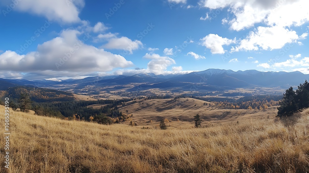 Obraz premium A panoramic view of the Carpathian Mountains with blue sky white clouds