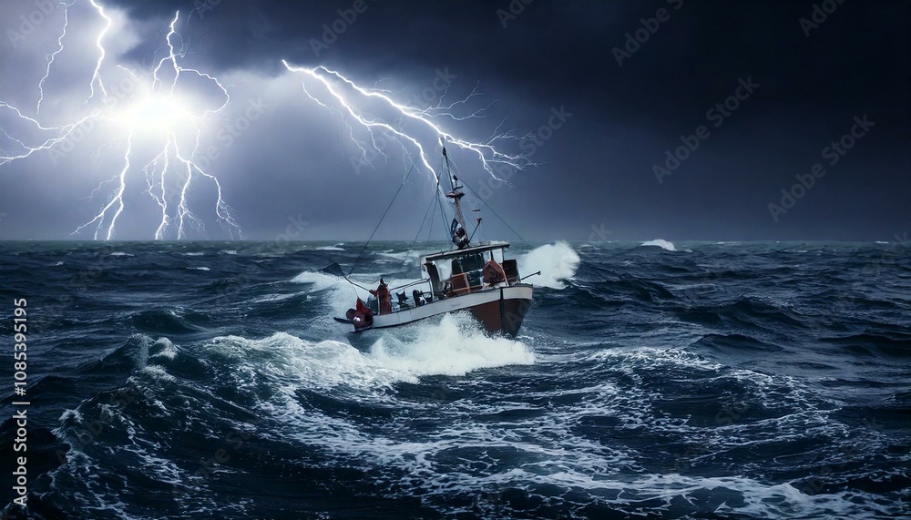 Obraz premium A rugged ocean during a fierce storm, massive waves, a small ship.