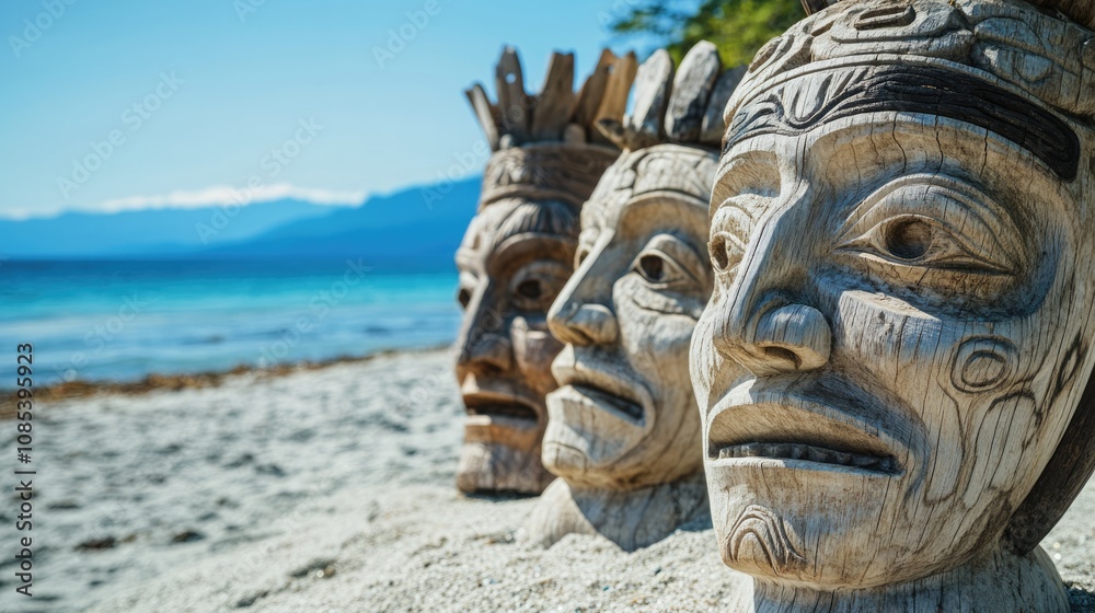 Carved Wooden Faces on a Beach Carved Wooden Faces on a Beach