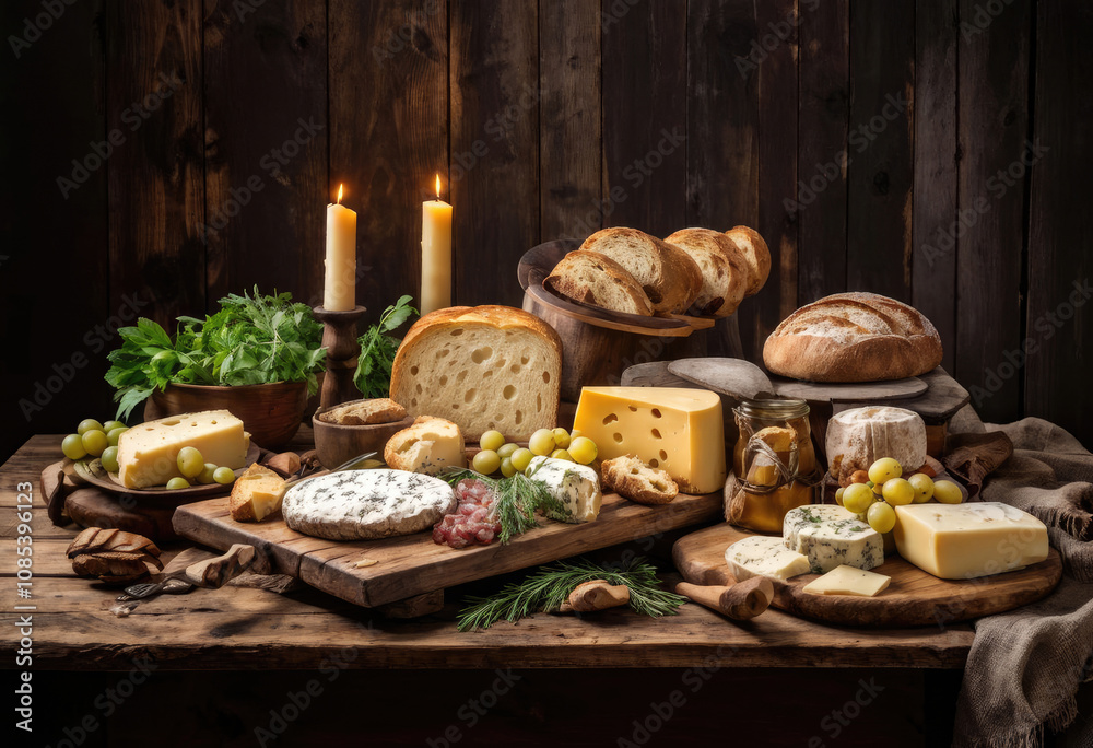 A fresh, healthy breakfast of bread, cheese, and a red apple on a wooden table A fresh, healthy breakfast of bread, cheese, and a red apple on a wooden table