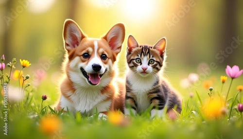 Adorable Photo of a Dog and Cat Together, showcasing their unique bond and playful interactions. Perfect for themes of friendship, companionship, and pet care. Ideal for heartwarming content, lifestyl