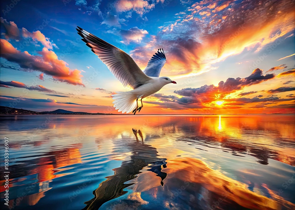 Obraz premium Stunning Double Exposure of Seagull Flying Over Water at Sunset - Serene Nature Photography, Ocean Sunset, Seagull Silhouette, Tranquil Landscape, Majestic Birds, Dreamy Aesthetic