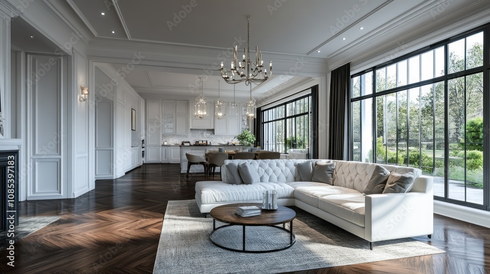 Fototapeta premium Elegant Open Plan Living Space with Modern Kitchen and Luxurious Furniture