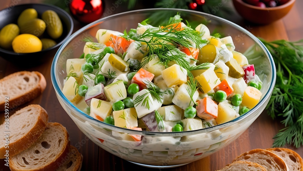 Traditional salad with cooked vegetables with mayonnaise, Generative AI